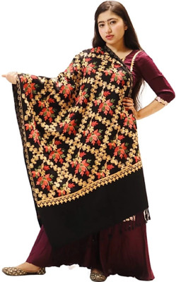 Feathers Polyester Wool Blend Embroidered Women Shawl(Black)