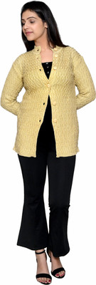 Dartline Self Design V Neck Casual Women Yellow Sweater