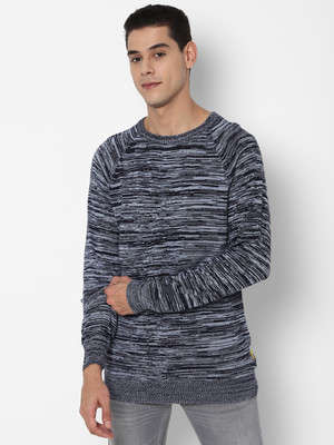 FOREVER 21 Striped Round Neck Casual Men Blue Sweater
