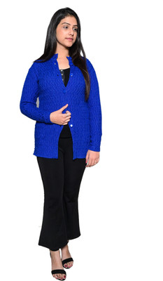 Dartline Self Design V Neck Casual Women Blue Sweater