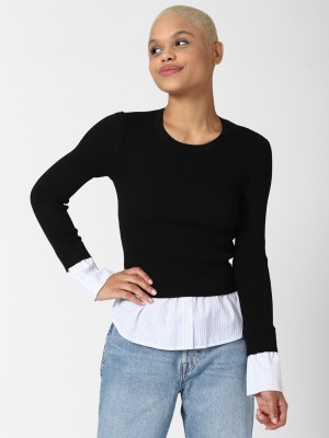 FOREVER 21 Solid Round Neck Casual Women Black Sweater