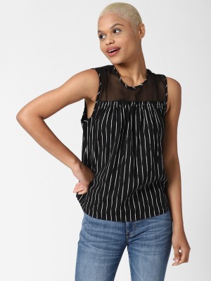 FOREVER 21 Casual Striped Women White, Black Top