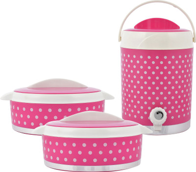 KUBER INDUSTRIES Dot Printed Inner Steel Insulated 2 Cassrole & 1 Water Jug/Camper Set, Set of 3 (Pink) -HS42KUBMART25143 Serve Casserole Set(1000 ml)