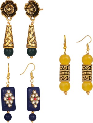 JFL - Jewellery for Less Latest Oxidised Gold Plated Handmade Beaded Dangler Earring for Women and Girls. (Combo of 3 - Green, Red, Yellow ) Brass Drops & Danglers