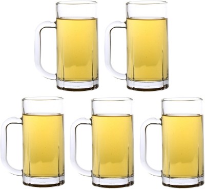 1st Time (Pack of 5) Designer Handle Mug/Glass, Set Of 5, Capacity 280 ML, Transparent Glass Set Beer Mug(280 ml, Glass, Clear, White)