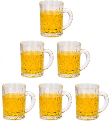 1st Time (Pack of 6) Designer Handle Mug/Glass, Set Of 6, Capacity 380 ML, Transparent Glass Set Beer Mug(380 ml, Glass, Clear, White)