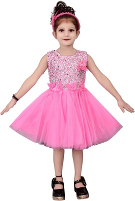 Arshia Fashions Baby Girls Below Knee Party Dress(Pink, Sleeveless)