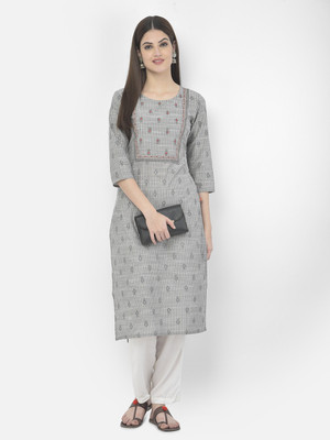 Span Women Floral Print Straight Kurta(Grey)