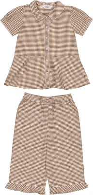 White Dahlia Girls Checkered Brown Shirt & Pyjama set