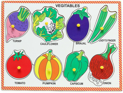 Ashmi Pine Wood Colorful Different Vegetable with Picture Knobs Learning & Educational Tray Puzzle for kids Pre-School Toddlers Age 2 And Above Size 9 x 12 Inch(Multicolor)