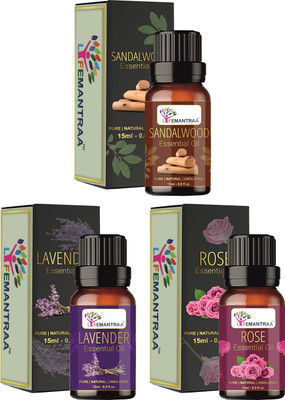 lifemantraa Pure Sandalwood, Lavender and Rose Essential Oil for Aroma Diffuser (15ml each)(45 ml)