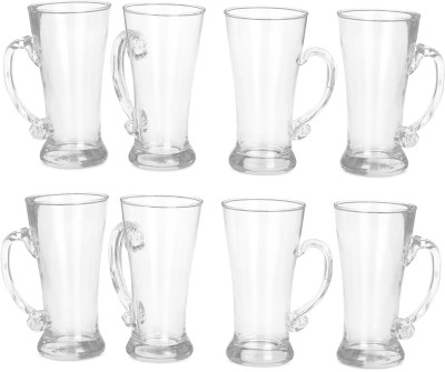 1st Time (Pack of 8) Designer Handle Mug/Glass, Set Of 8, Capacity 250 ML, Transparent Glass Set Beer Mug(250 ml, Glass, Clear, White)