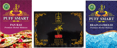 Puff Smart Premium Herbal Flavors Pan Ras, Brain-O-Freeze And 250g Coco-Manara Coconut Coal Hookah Charcoals(Pack of 3)