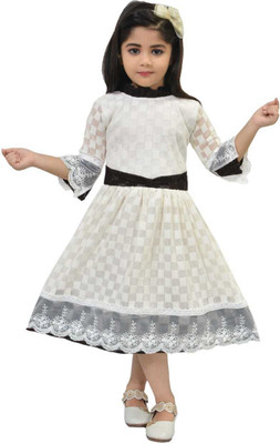 Samshil Fashion Girls Midi/Knee Length Casual Dress(White, 3/4 Sleeve)