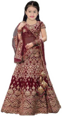 Indian Tulip Girls Lehenga Choli Ethnic Wear Embroidered Lehenga, Choli and Dupatta Set(Red, Pack of 1)