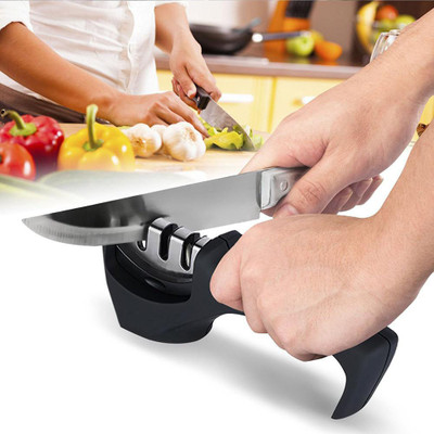 Alpyog Multifunction portable kitchen non slip three slot manual knife sharpener knives scissor with handle Knife Sharpening Stone(Plastic, Stainless Steel)
