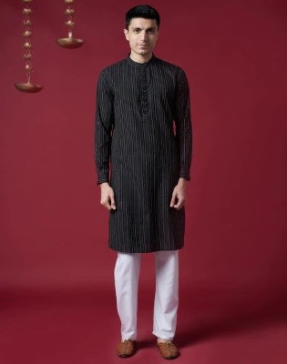 Fabindia Men Striped Ethnic Dress Kurta(Black)