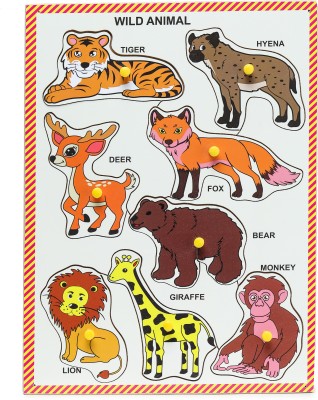 Ashmi Pine Wood Colorful Different Wild Animals with Picture Knobs Learning & Educational Tray Puzzle for kids Pre-School Toddlers Age 2 And Above Size 9 x 12 Inch(Multicolor)