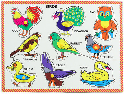 DgCrayons Pine Wood Birds Tray with Picture & Knobs Learning & Educational Board for Kids(9 Pieces)