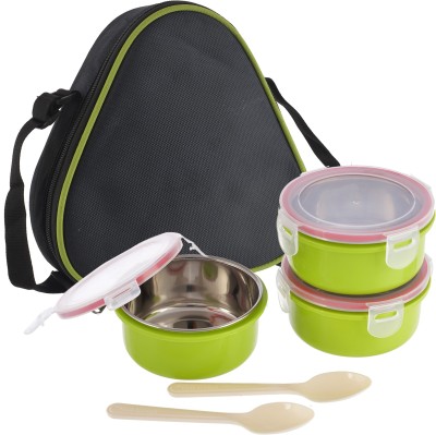 KUBER INDUSTRIES Inner Steel 3 Container & 2 Plastic Spoon Lunch Box Set With Lock Lid & Bag Cover (Green)-HS42KUBMART25121 3 Containers Lunch Box(500 ml)