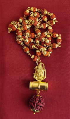 LETNIX Religious Jewellery Brown Rudraksha cap Mala With Shiv Ji Damru Locket Gold Plated Brass Chain Locket For Mens And Womens Gold-plated Plated Brass, Wood Chain