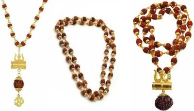 LETNIX Religious Spiritual Jewelry Original Combo of Gold Plated Rudraksha Shiva Om Trishul Damru Mala Pendant Set / 36 Beads Golden Cap Rudraksha Mala / Rudraksha Trishul Damru Mala Pendant Set for Men, Women, Boy, Girls, Husband, Wife, Gold-plated Plated Brass Necklace Set Gold-plated Plated Brass