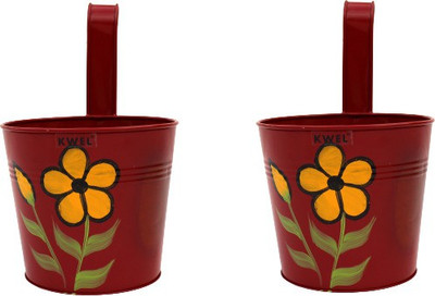 KWEL Print Round Railing Planters/Pots for Balcony 7 Inch - Pack of 2 (Maroon) Plant Container Set(Pack of 2, Metal)