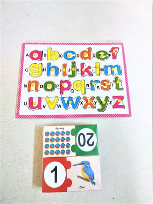 PETERS PENCE WOODEN ENGLISH ALPHABET PUZZLE Board and NUMBER PUZZLE CARDS FOR KIDS PRE PRIMARY EDUCATION(2 Pieces)