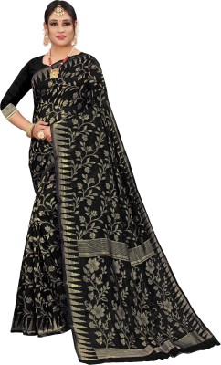 FluteFashion Self Design Jamdani Cotton Blend Saree(Black)