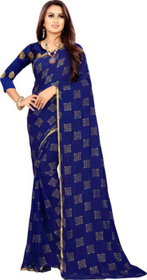 hasti fashion Printed Bollywood Chiffon Saree(Dark Blue)