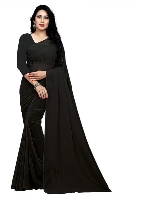 AVOJEE Solid/Plain Bollywood Lycra Blend Saree(Black)
