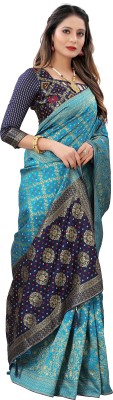 Leeza Store Woven Bandhani Cotton Silk Saree(Blue)