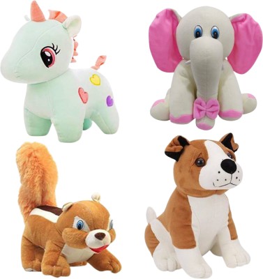 Toyhaven Cute and lovely soft toy set of 4 for kids (Brown bull dog ,Squirrel ,C-Green Unicorn, Cream Sitting elephant) /soft toys for kids, birthday and other special occasions.  - 26 cm(Cream, Brown, c green)