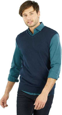 A N Enterprises Solid V Neck Casual Men Reversible Blue Sweater