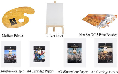 ArtRight Professional Artist Painting Kit - Painting Combo Set with 10pcs Mix Paintbrush, 1ft Easel, A4 Handmade Watercolor Papers and Wooden Palette