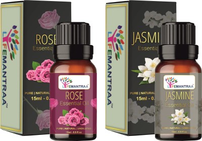 lifemantraa Pure Rose and Jasmine Essential Oil for Skin, Hair, Diffuser, Aromatherapy (15ml each)(30 ml)