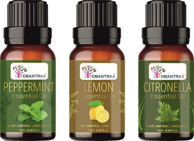 lifemantraa Pure Peppermint, Lemon and Citronella Essential Oil for Hair, Diffuser, Therapeutic (10ml each)(30 ml)