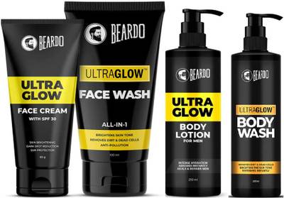 BEARDO Ultraglow Combo (Face Cream SPF 30+ Facewash+ Body Lotion + Body Wash) For Men | Dark Spot Reduction Cream | Heals & Repairs Skin | Removes Dirt & Dead Cells (Pack of 4)