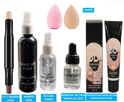 INWISH primer concealer foundation face serum makeup fixer and puff combo set PACK OF 7 with 02 shade foundation for medium skin color tone(7 Items in the set)