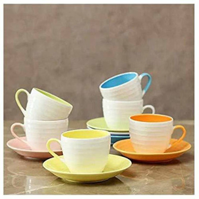 PKMSHO Pack of 12 Bone China Opalware 6 soucer 6 Cup with Multi-Color Saucer Set, 180ML,, White(Multicolor, Cup and Saucer)