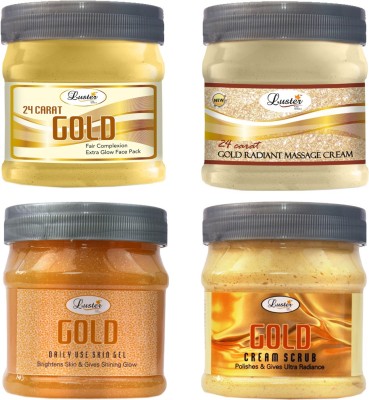 Luster Gold Facial Kit | Helps Brightens Skin & Gives Shining Glow | Gold Facial Scrub | Gold Massage Cream | Gold Massage Gel | Gold Face Pack | Gold Facial Kit for Women & Men | No Paraben & Sulfate- 500 ml (Pack of 4).(4 x 500 ml)