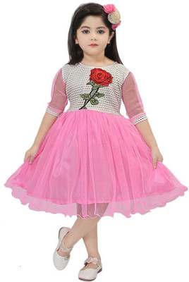 Samshil Fashion Girls Below Knee Casual Dress(Pink, 3/4 Sleeve)