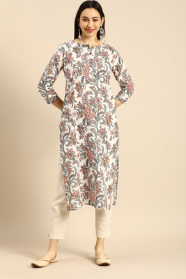 Rajnandini Women Floral Print Straight Kurta(White)