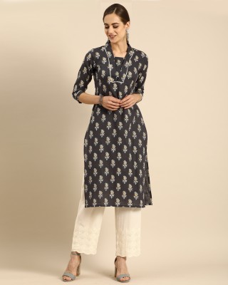 Rajnandini Women Printed Straight Kurta(Grey)