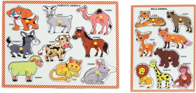 IJARP Wooden Multicolor Non-toxic Combo Different Domestic & Wild Animals with Picture Knobs pegged Pack of 2 Board Learning & Educational Tray Puzzle for kids Pre-School Toddlers Age 2 And Above Size 9 x 12 Inch(Multicolor)