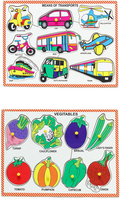 Ashmi Wooden Non-toxic Combo Transports & Vegetables Pictures with Knobs pegged Pack of 2 Board Learning & Educational Tray Jigsaw Puzzle for Kids Pre-School Toddlers Age 2 and Above Size 9 x 12 Inch(Multicolor)