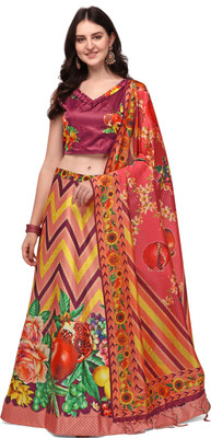 KAVINDI Digital Print Semi Stitched Lehenga Choli(Pink)