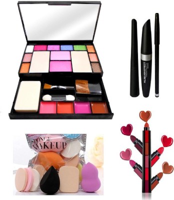 Pro Tya All In One Makeup Kit 6171 + Eyeliner Maskara Eyebrow Pencil + 6 pcs Puff Set + Fab 5 Lipstic(Pack of 4)