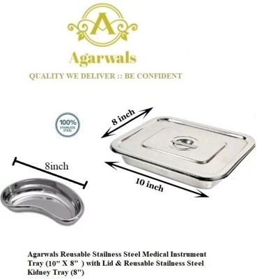 Agarwals Medical Reusabble Instrument Tray Stainless Steel (10'' X 8'') inch with lid & Kidney Tray 200mm (8” inch) Reusable Medical Tray