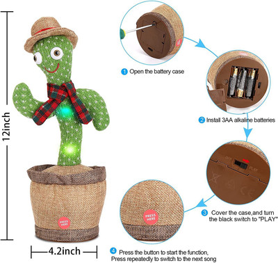 Haulsale Dancing Talking Cactus Plush Toy, Wriggle, Singing, Repeat What You Say-735(Green, Brown)